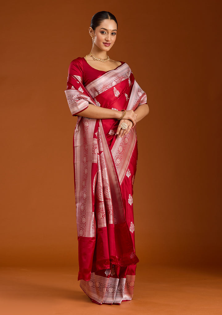 Maroon Zariwork (Silver) Satin Silk Saree
