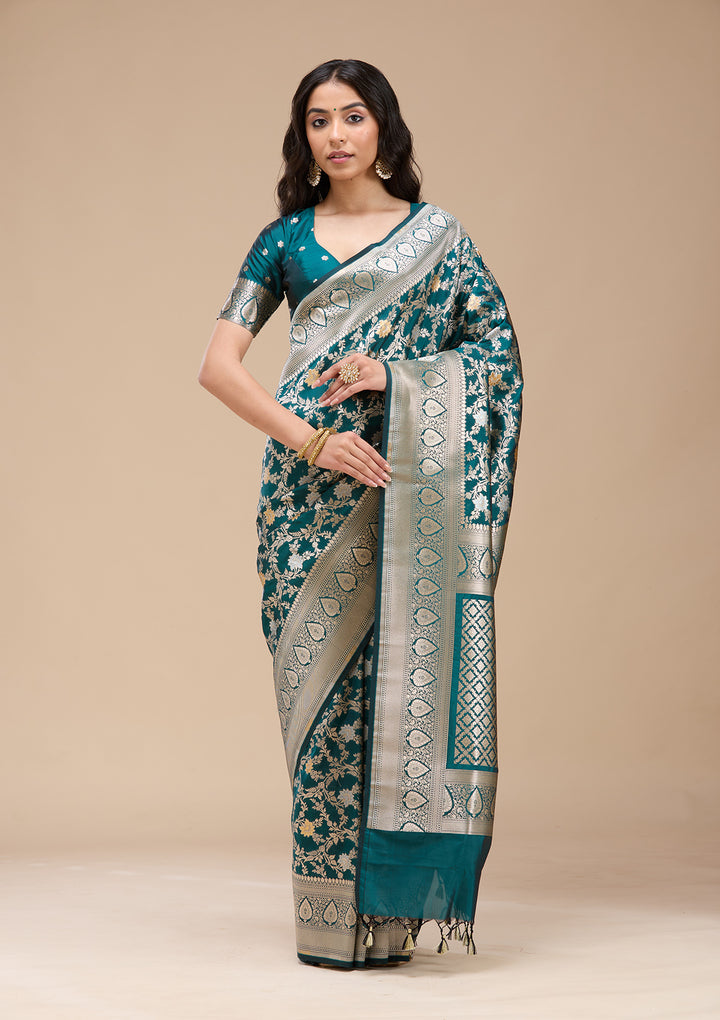 Peacock Blue Zariwork (Gold) Banarasi Silk Saree