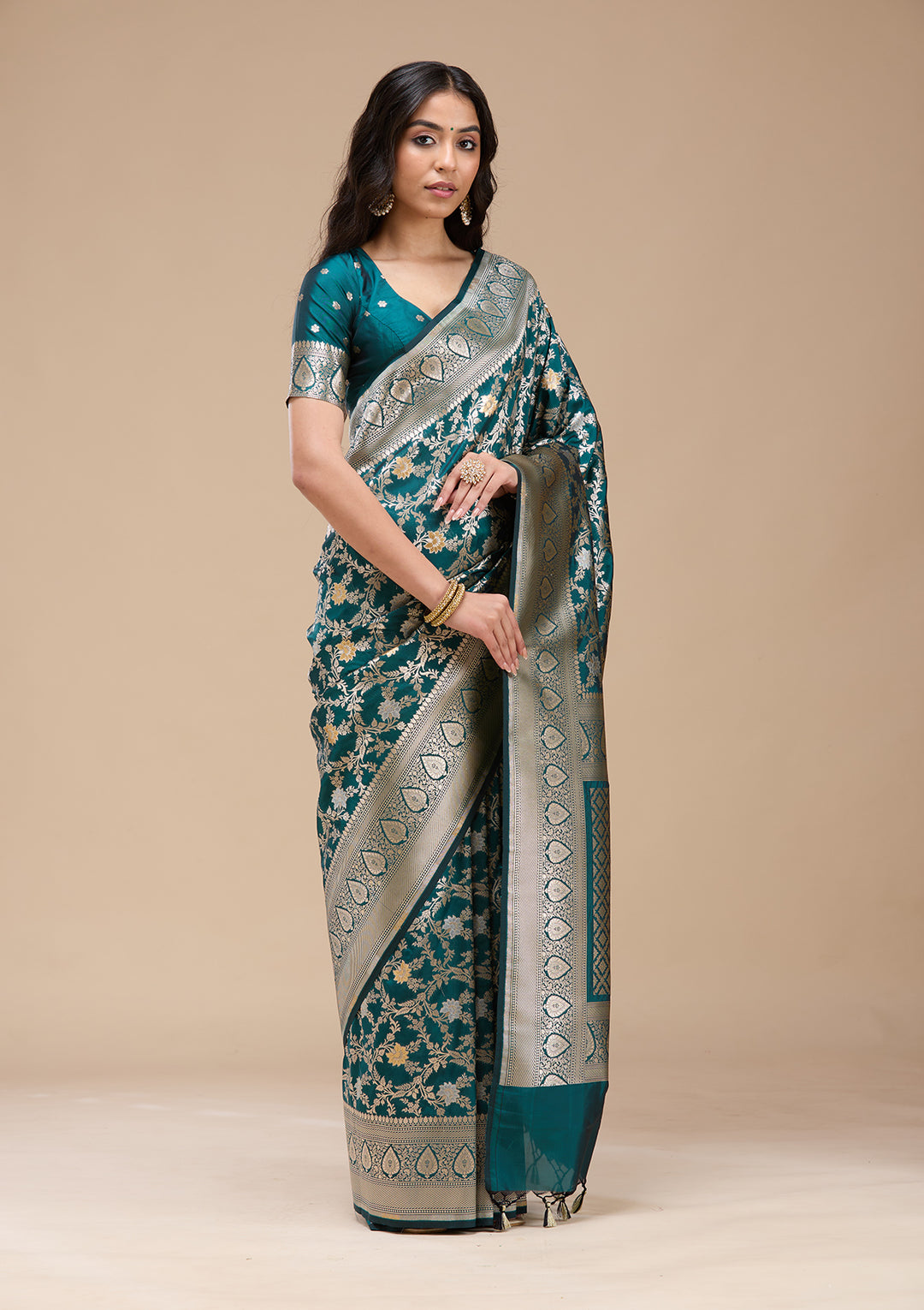 Peacock Blue Zariwork (Gold) Banarasi Silk Saree