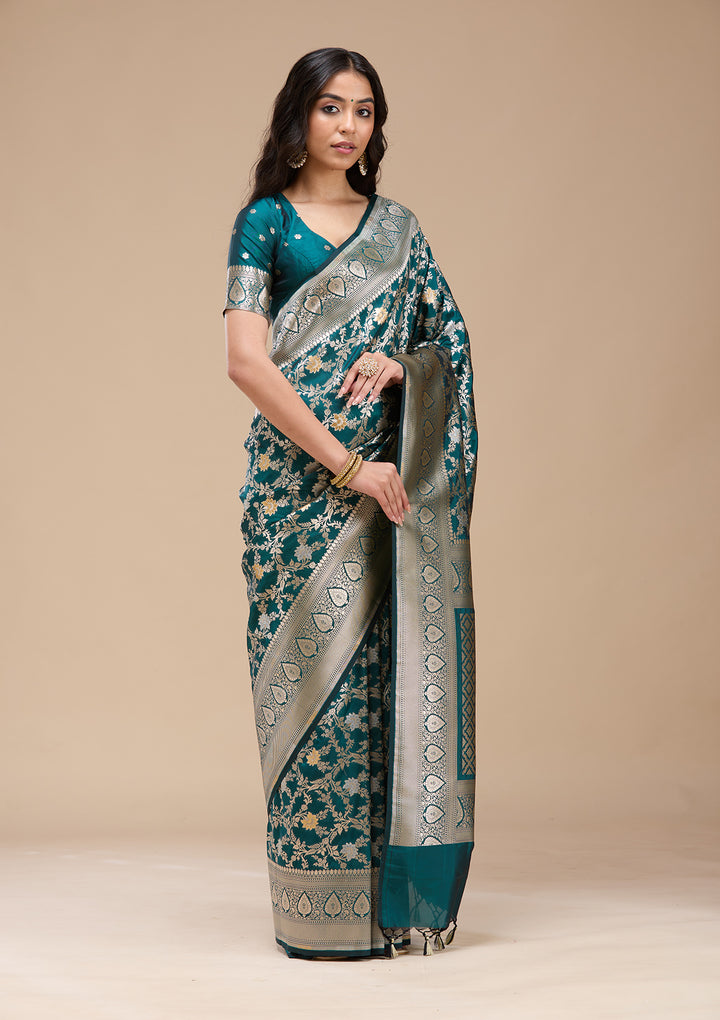 Peacock Blue Zariwork (Gold) Banarasi Silk Saree