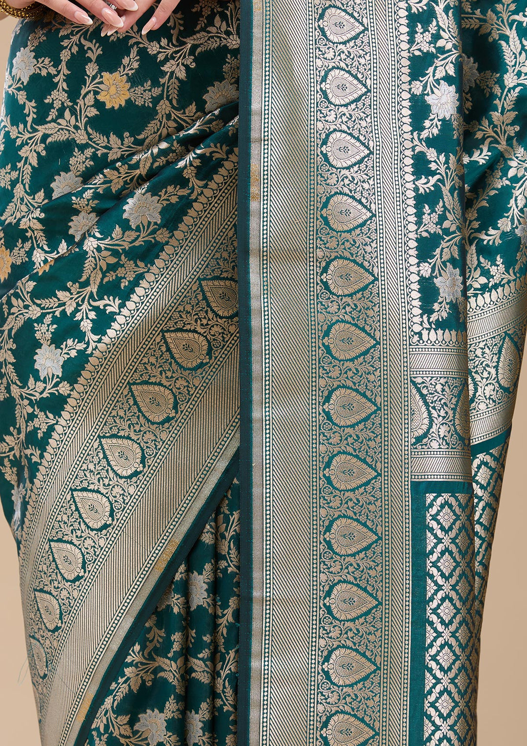 Peacock Blue Zariwork (Gold) Banarasi Silk Saree