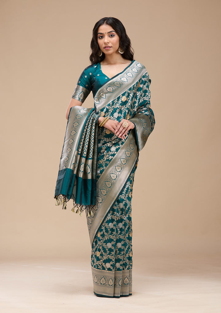 Peacock Blue Zariwork (Gold) Banarasi Silk Saree