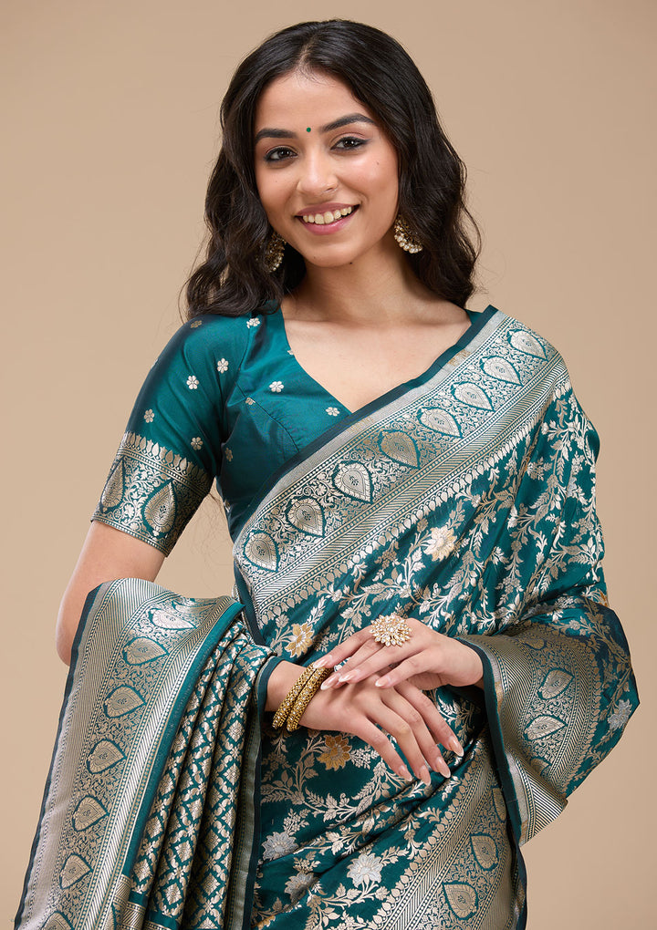 Peacock Blue Zariwork (Gold) Banarasi Silk Saree