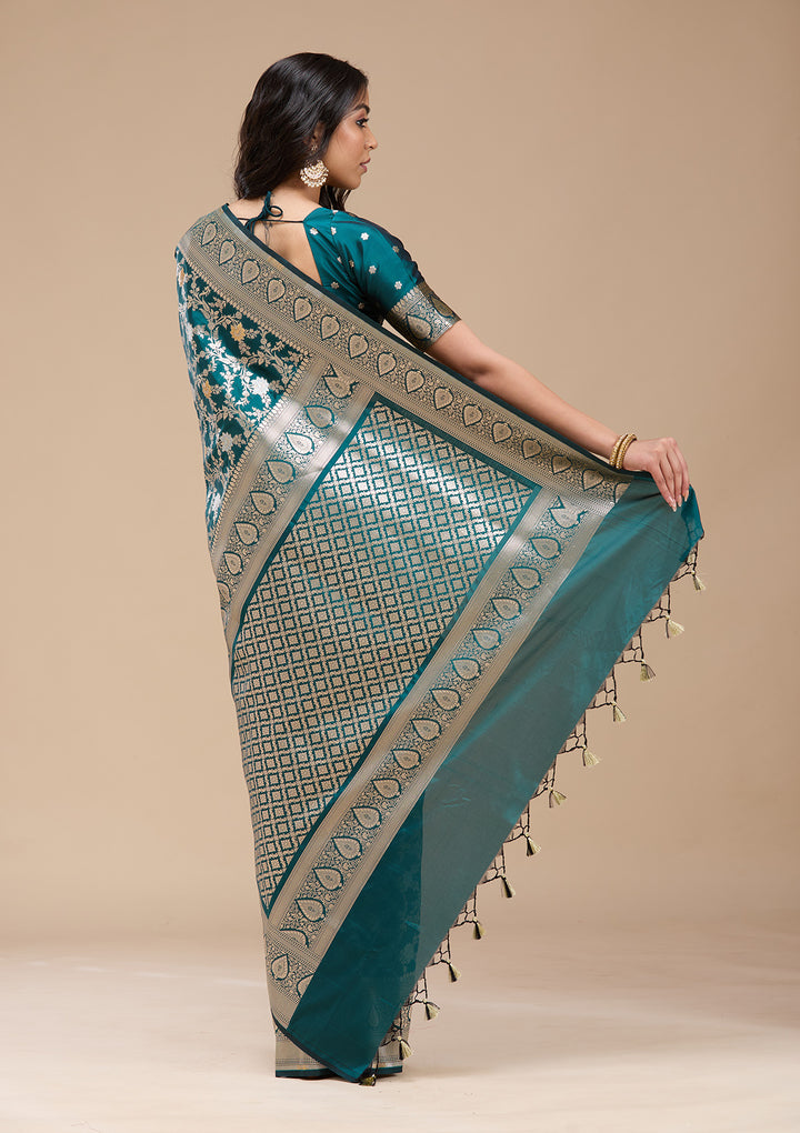 Peacock Blue Zariwork (Gold) Banarasi Silk Saree
