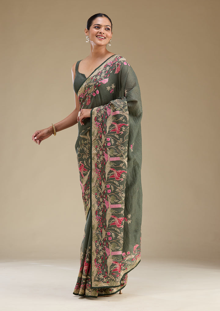 Peacock Green Zariwork Tissue Saree