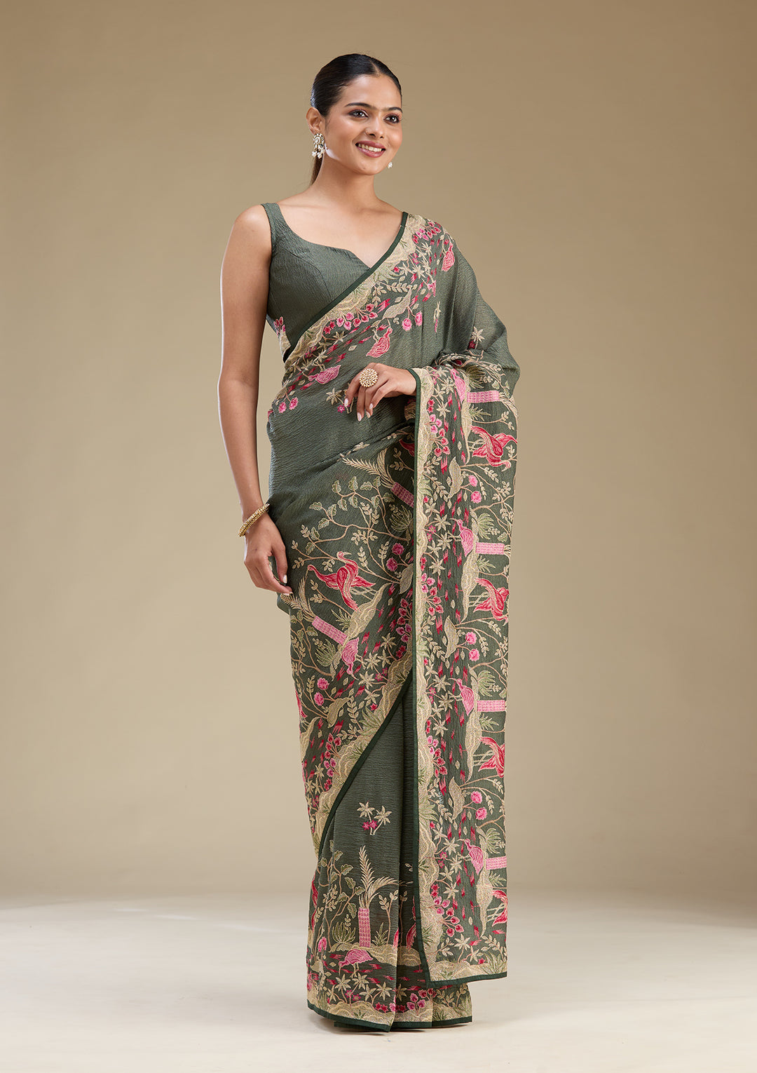 Peacock Green Zariwork Tissue Saree