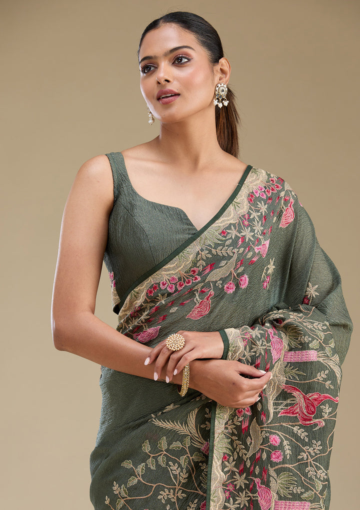 Peacock Green Zariwork Tissue Saree