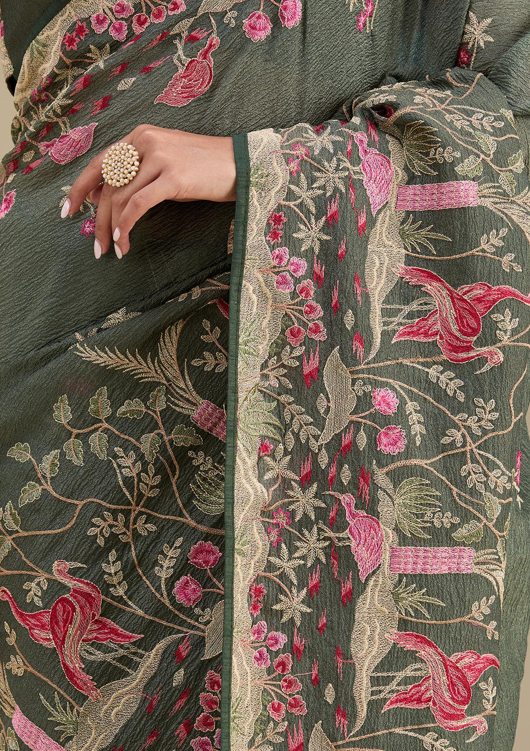 Peacock Green Zariwork Tissue Saree