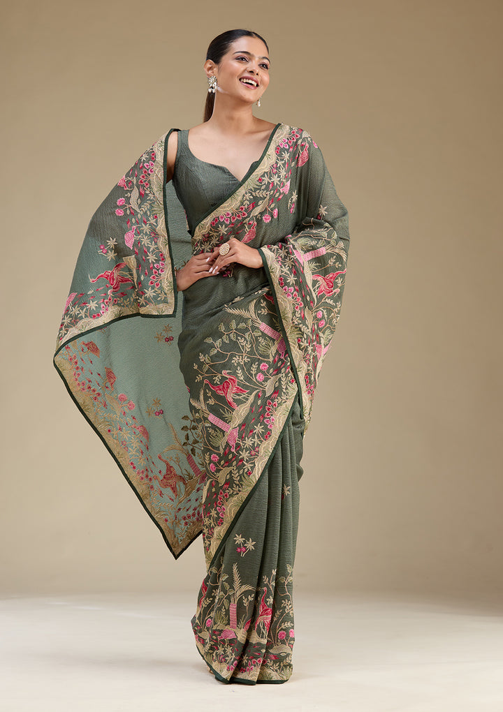 Peacock Green Zariwork Tissue Saree