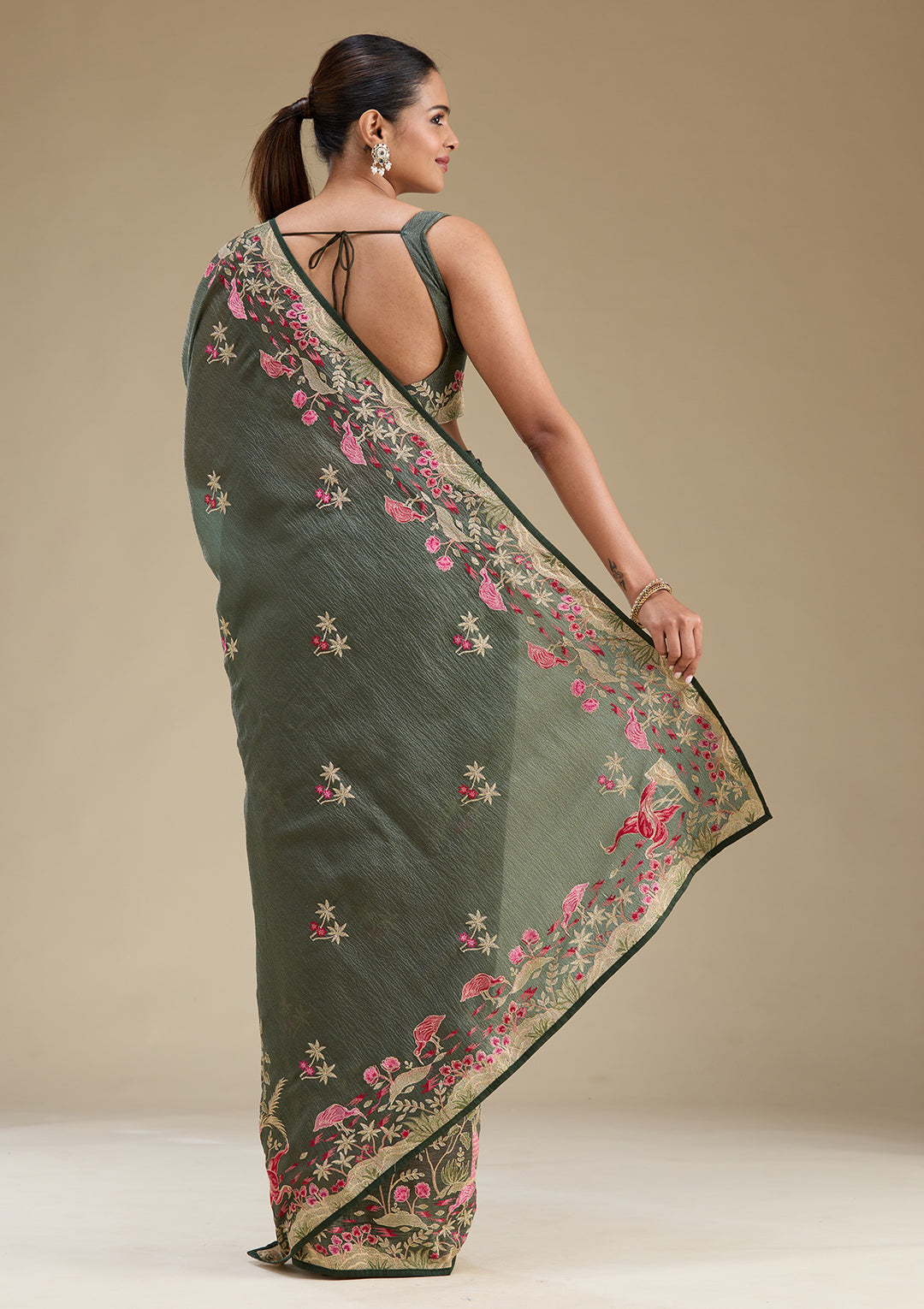 Peacock Green Zariwork Tissue Saree