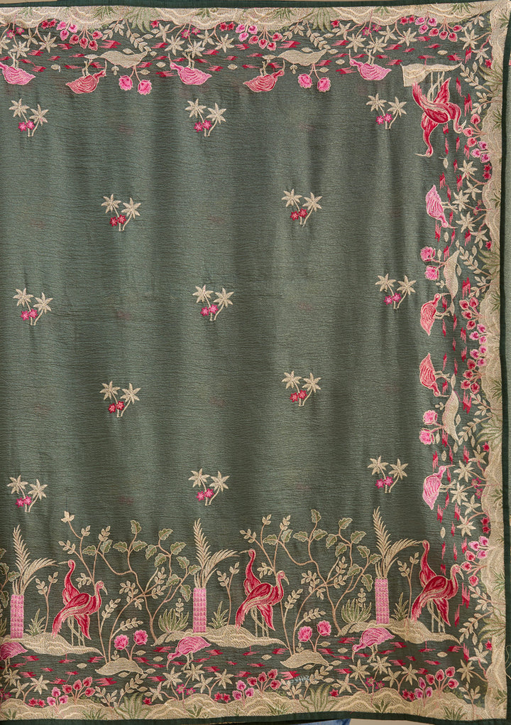 Peacock Green Zariwork Tissue Saree