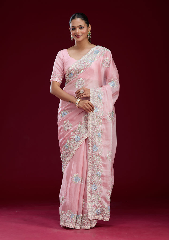 Baby Pink Zariwork Tissue Saree