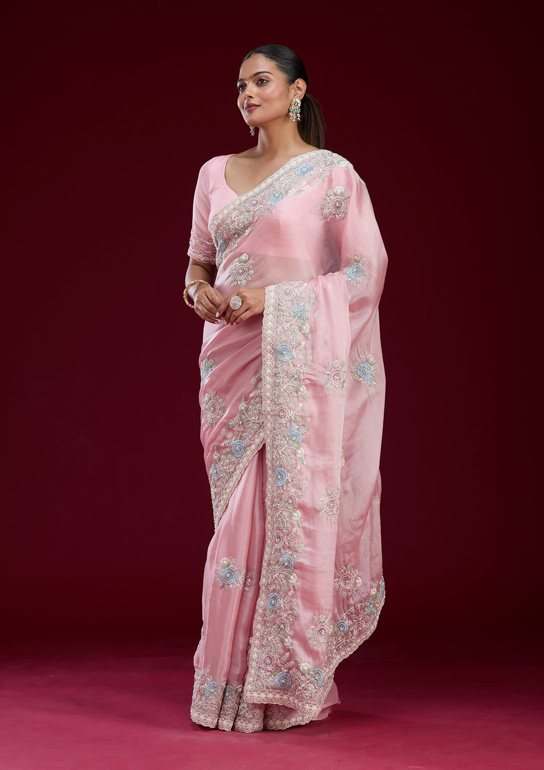 Baby Pink Zariwork Tissue Saree