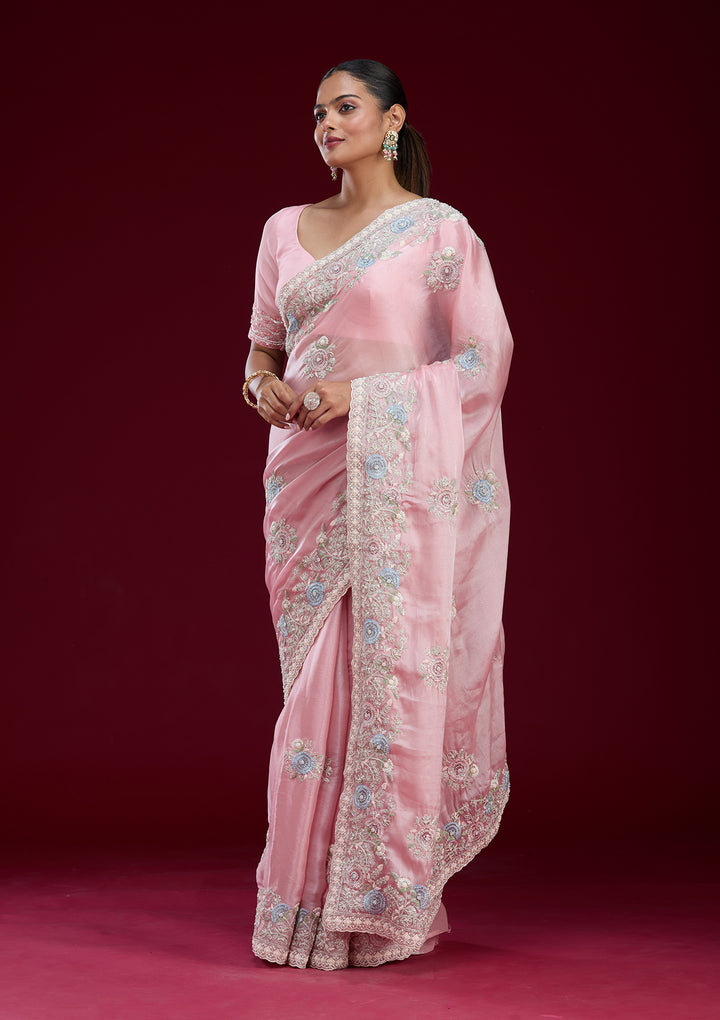Baby Pink Zariwork Tissue Saree