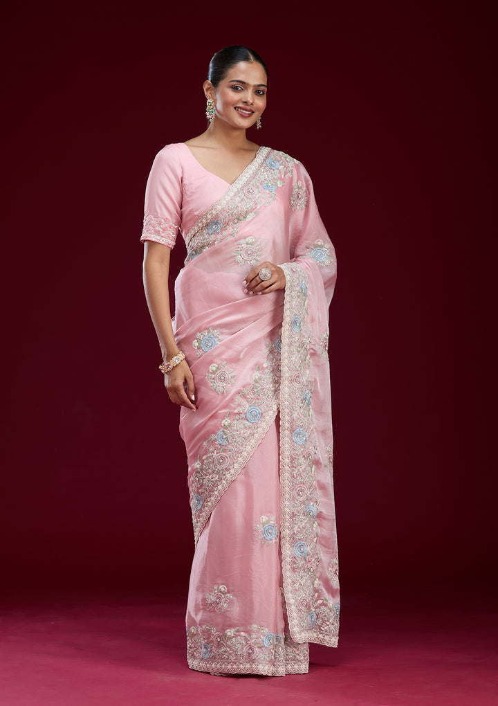 Baby Pink Zariwork Tissue Saree