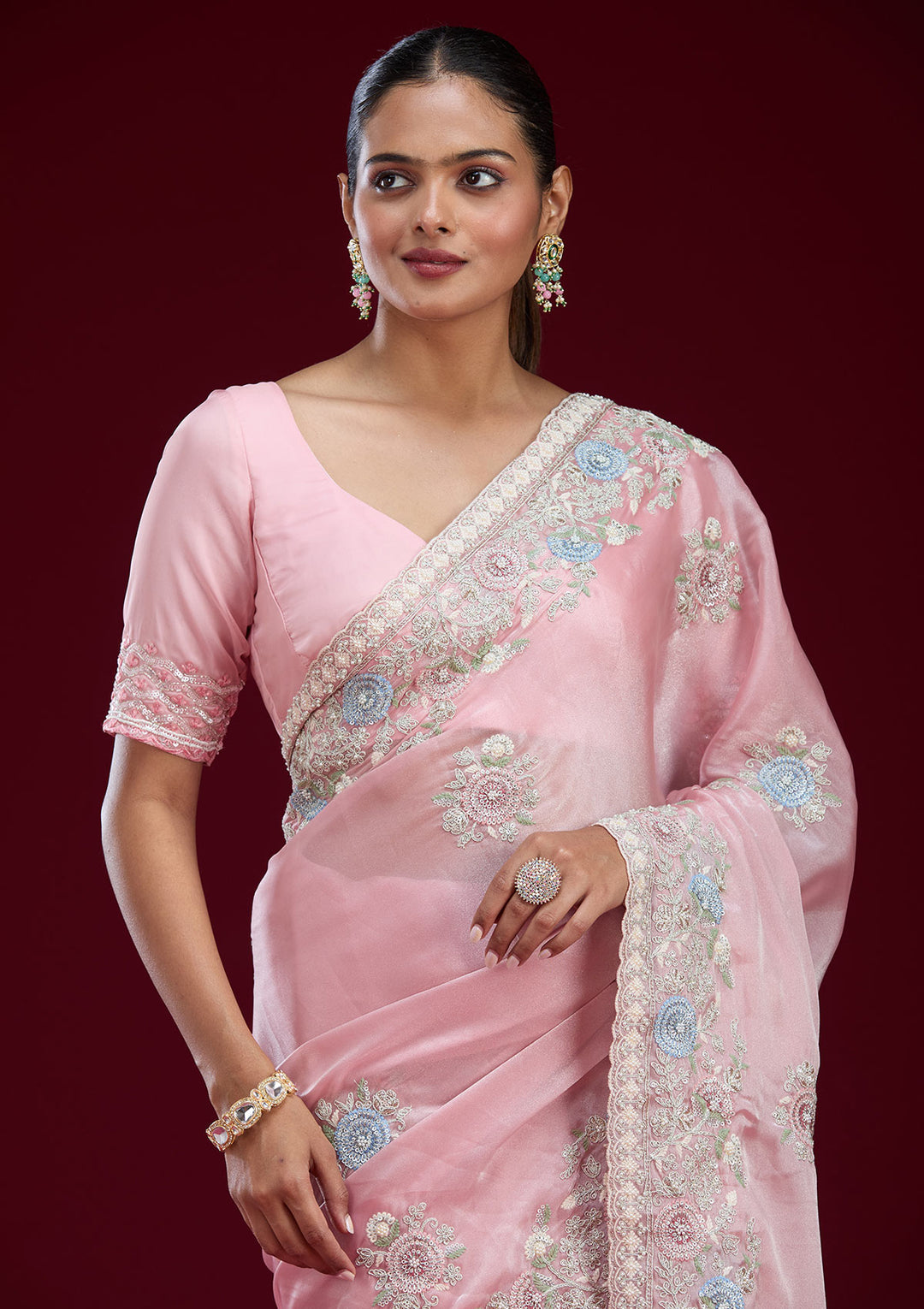 Baby Pink Zariwork Tissue Saree