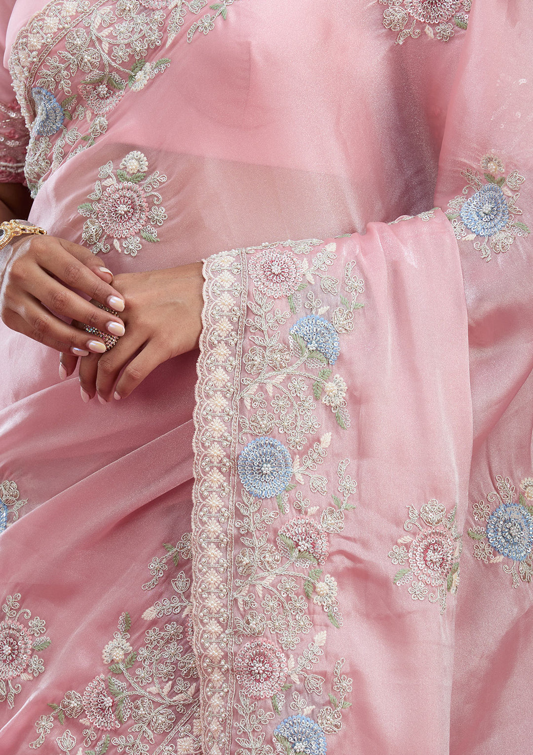 Baby Pink Zariwork Tissue Saree