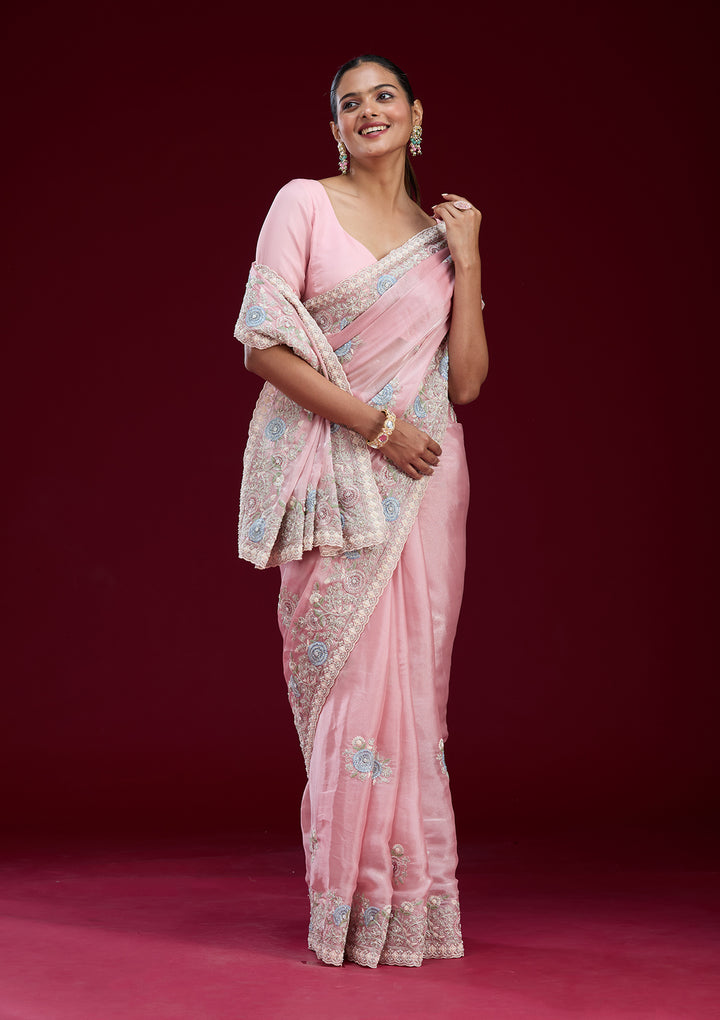 Baby Pink Zariwork Tissue Saree