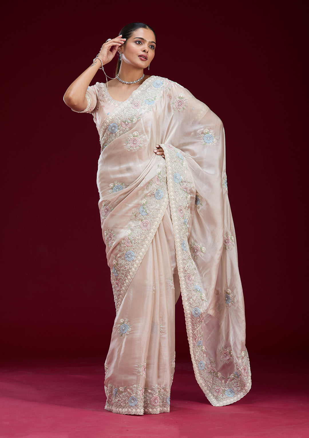 Beige Zariwork Tissue Saree