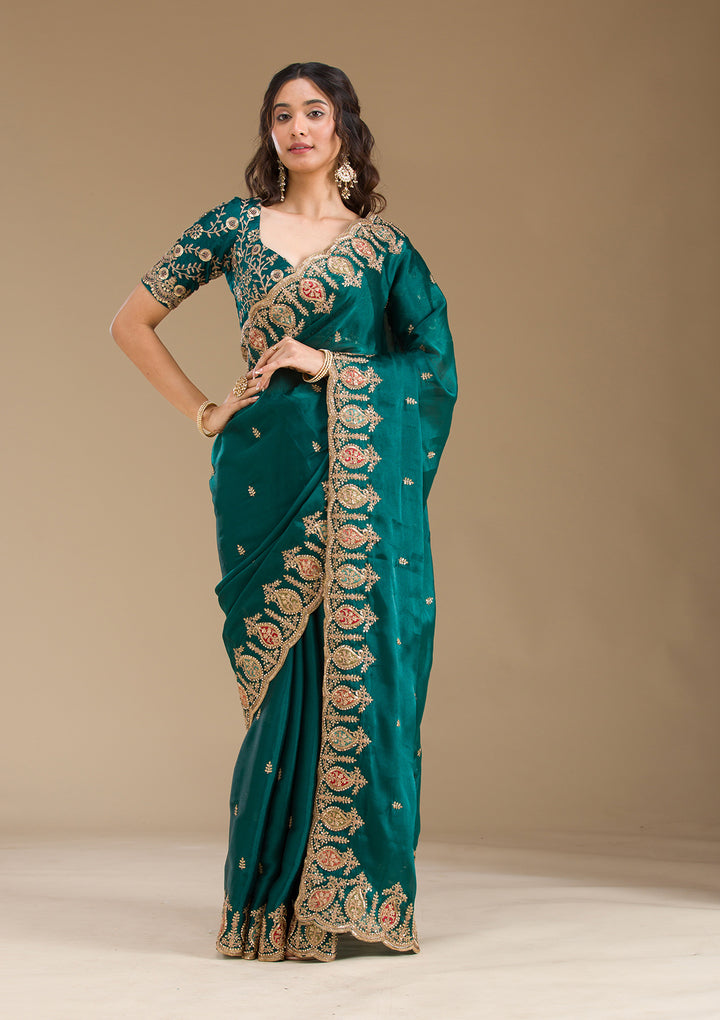 Peacock Green Zariwork Tissue Saree