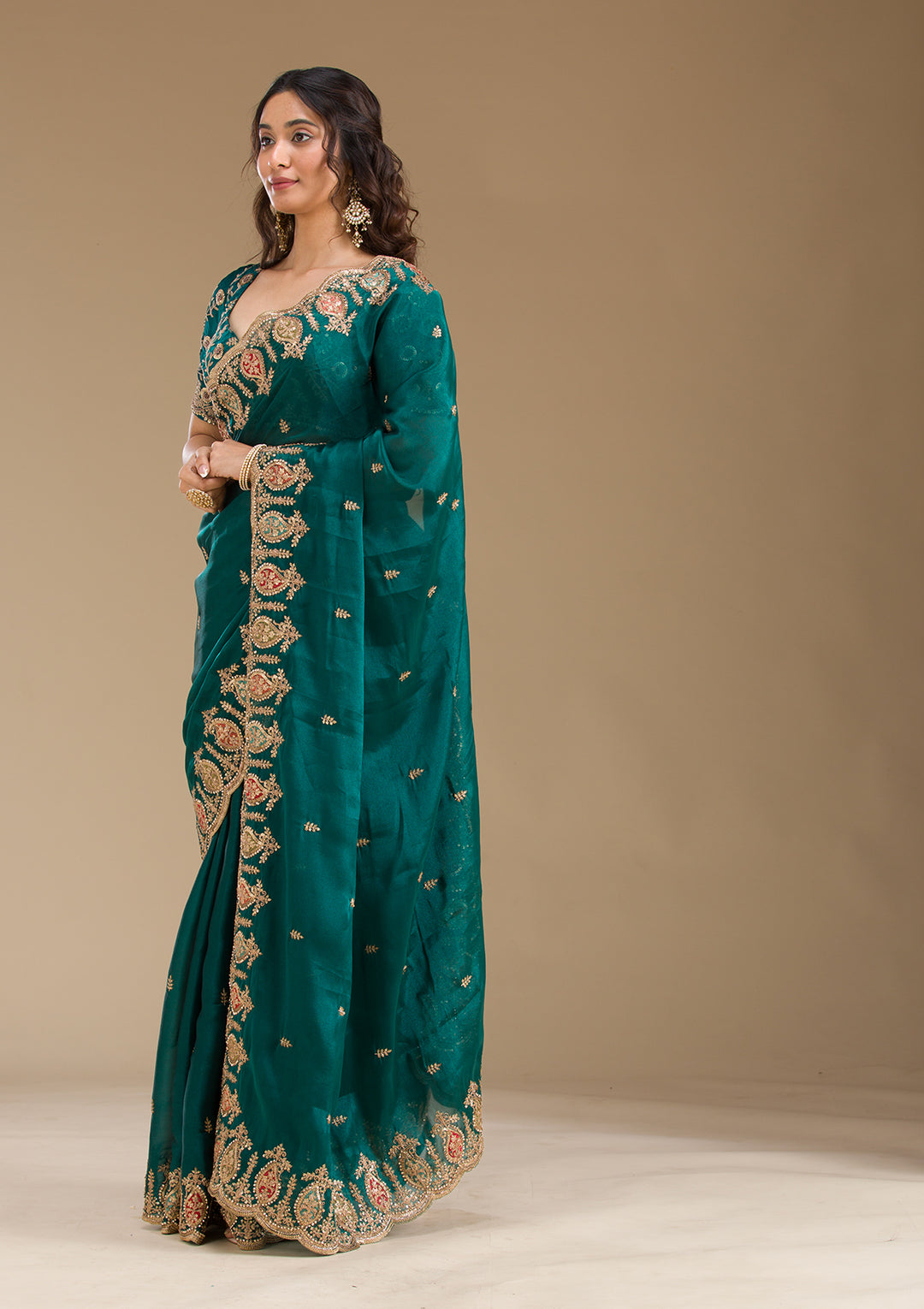Peacock Green Zariwork Tissue Saree