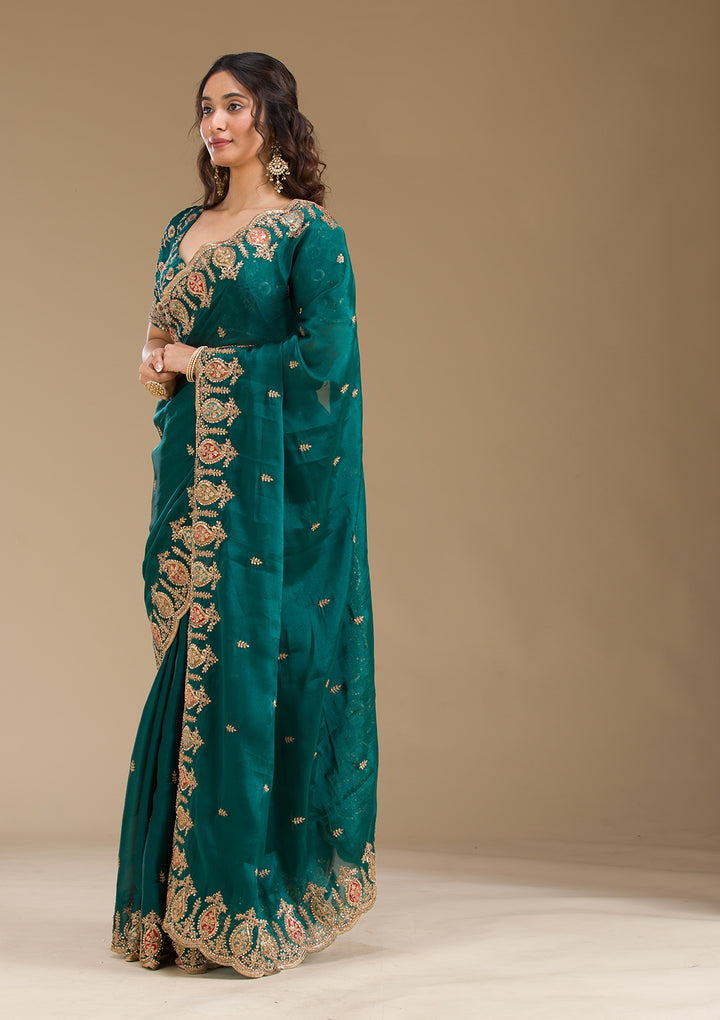 Peacock Green Zariwork Tissue Saree
