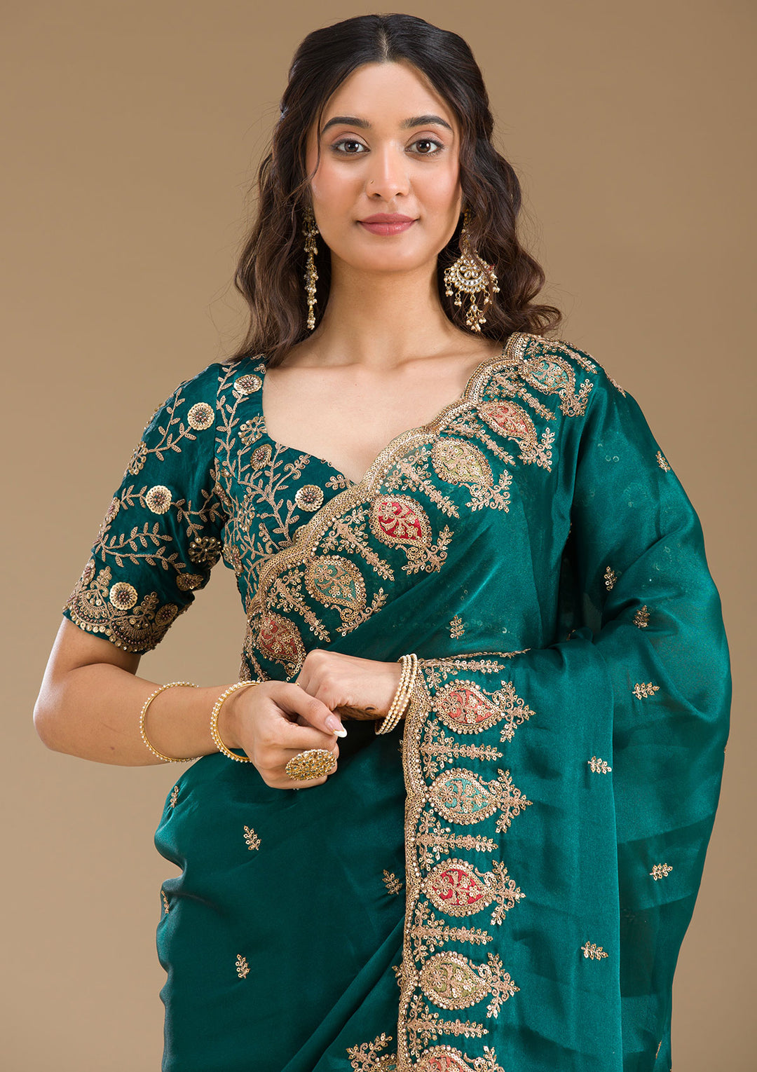Peacock Green Zariwork Tissue Saree