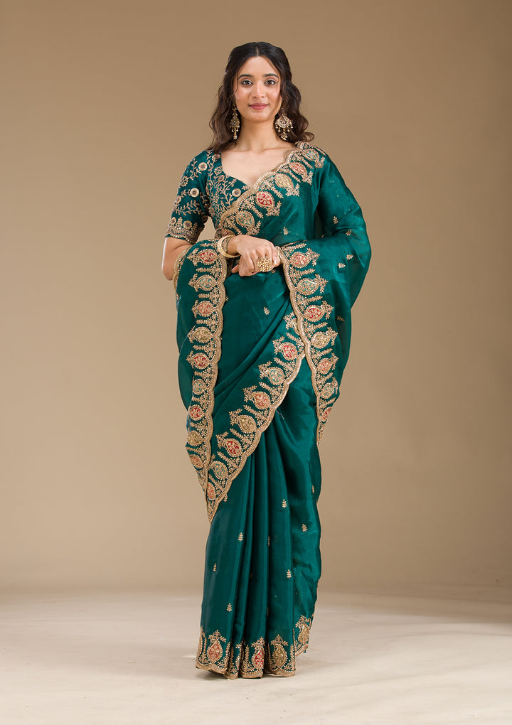 Peacock Green Zariwork Tissue Saree