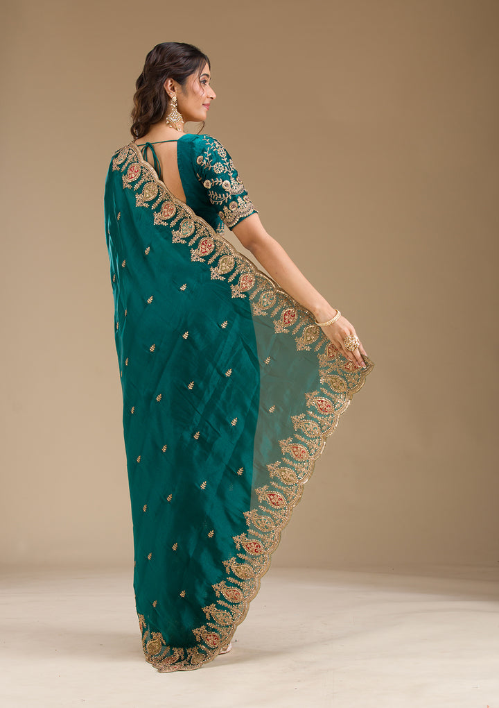 Peacock Green Zariwork Tissue Saree