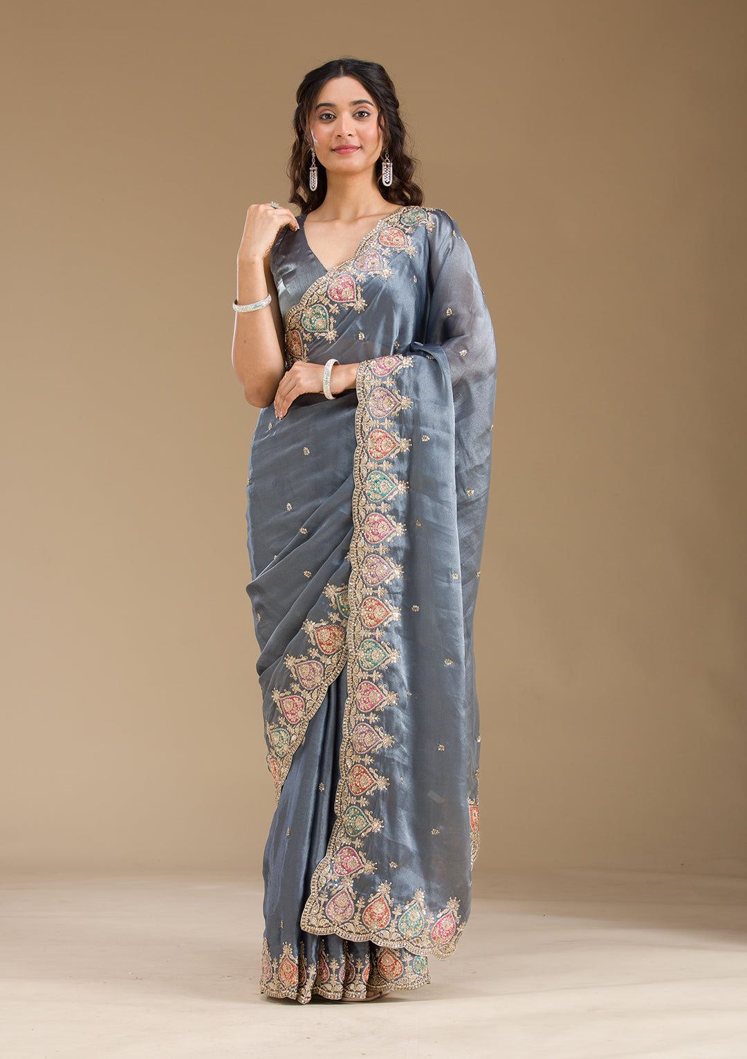 Grey Zariwork Tissue Saree