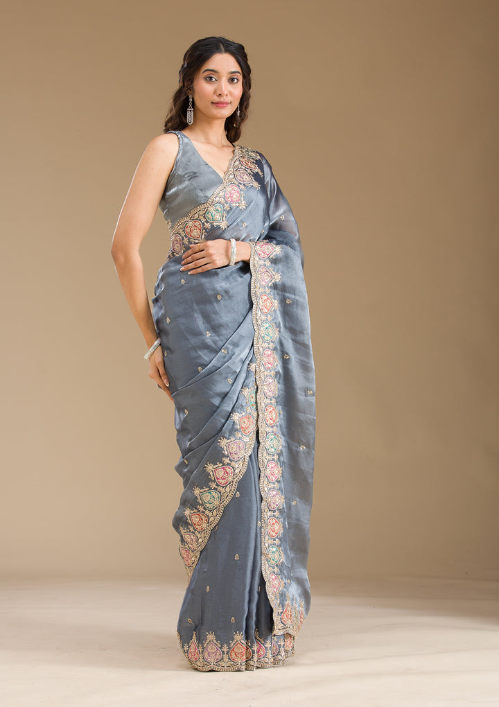Grey Zariwork Tissue Saree