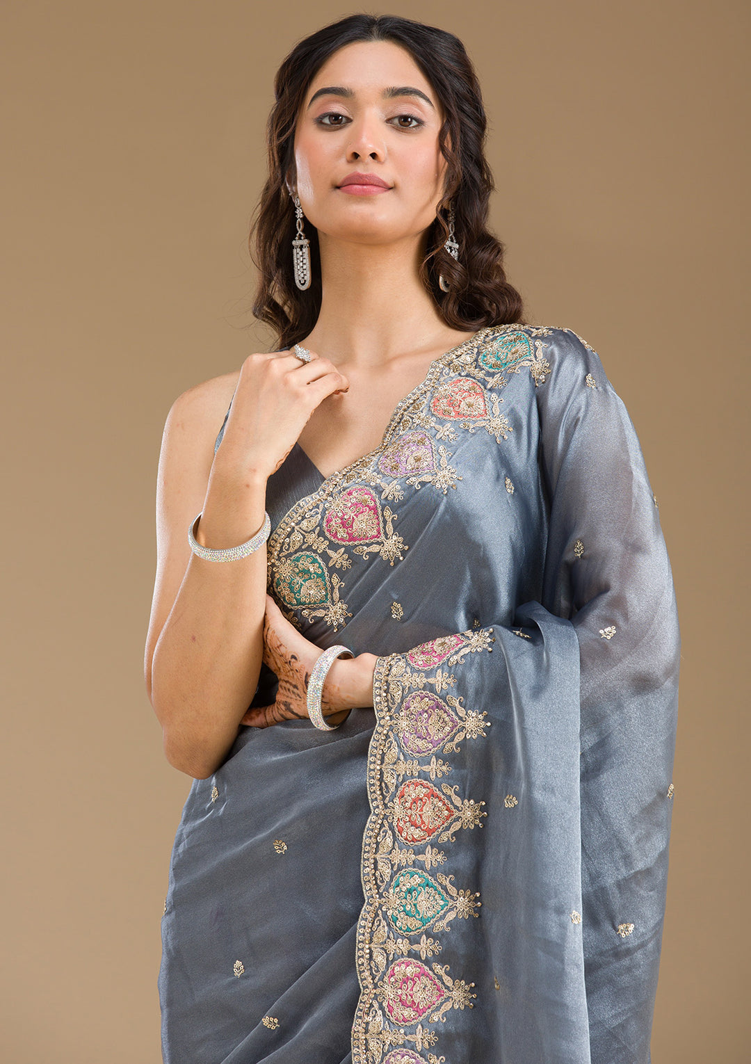 Grey Zariwork Tissue Saree