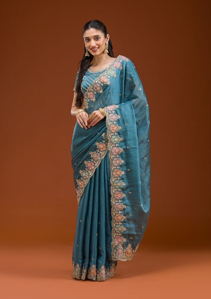 Peacock Blue Zariwork Tissue Saree