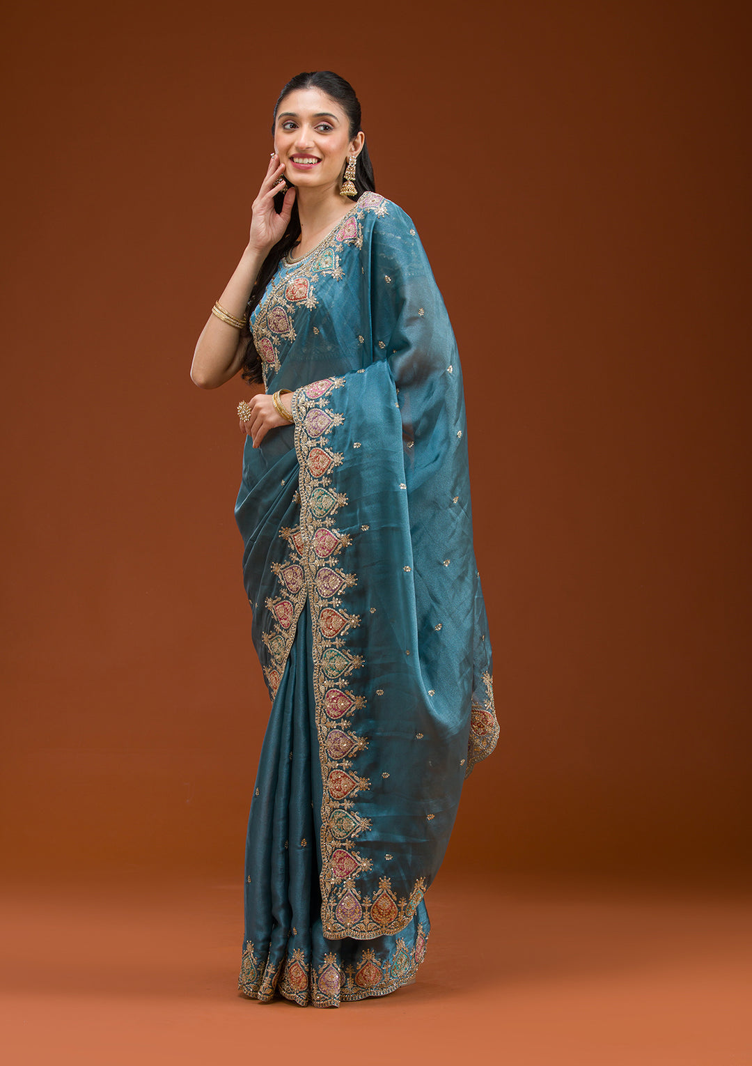 Peacock Blue Zariwork Tissue Saree