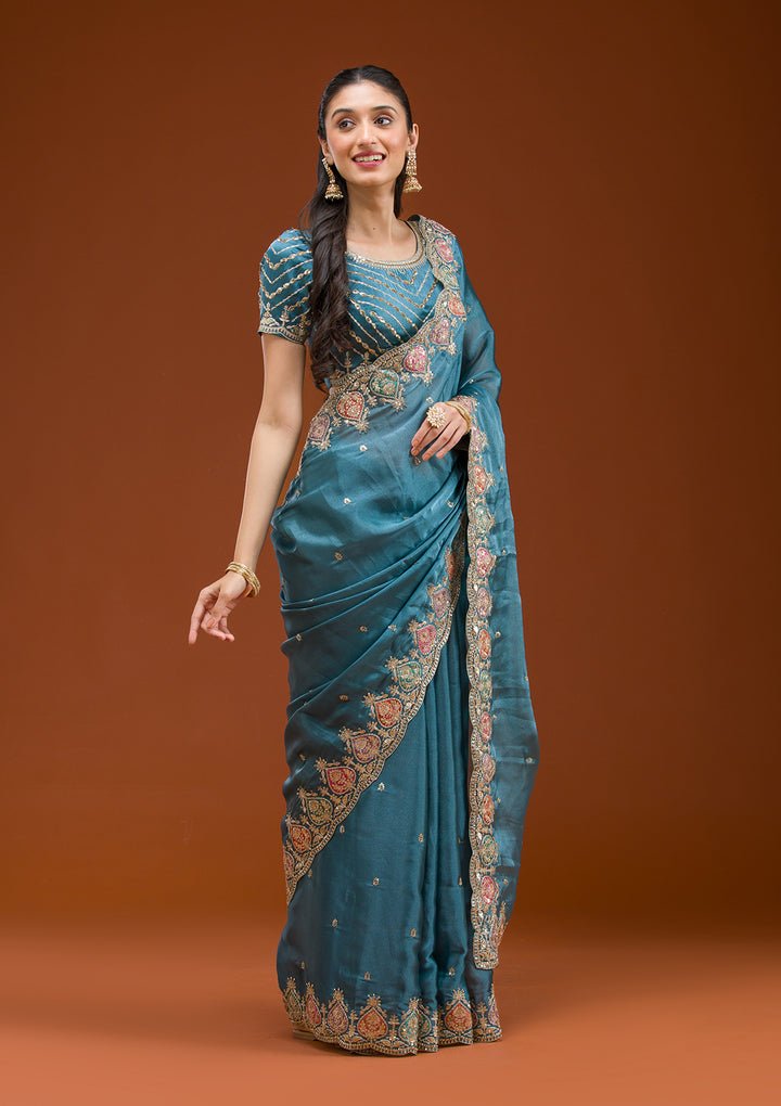 Peacock Blue Zariwork Tissue Saree