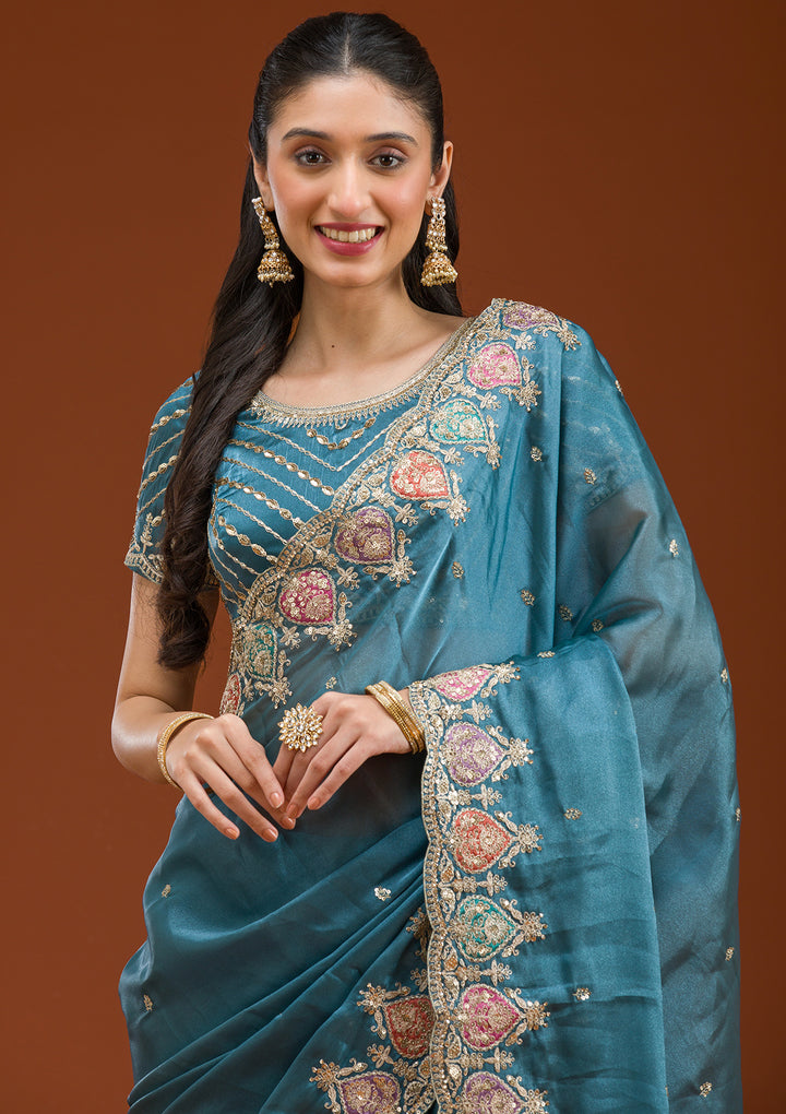 Peacock Blue Zariwork Tissue Saree