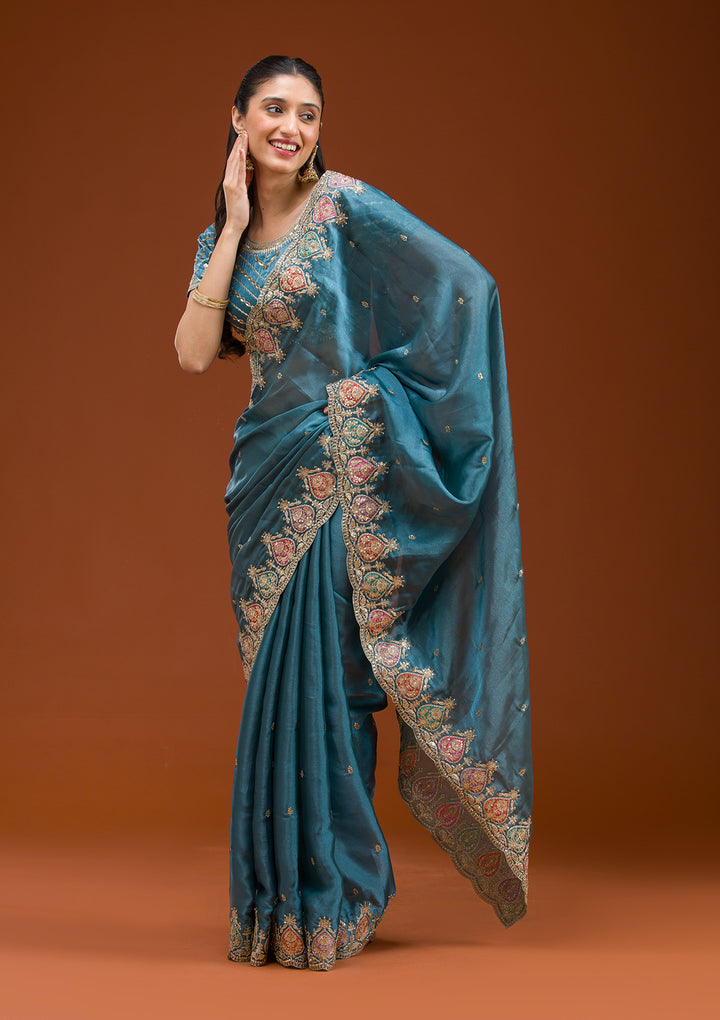 Peacock Blue Zariwork Tissue Saree