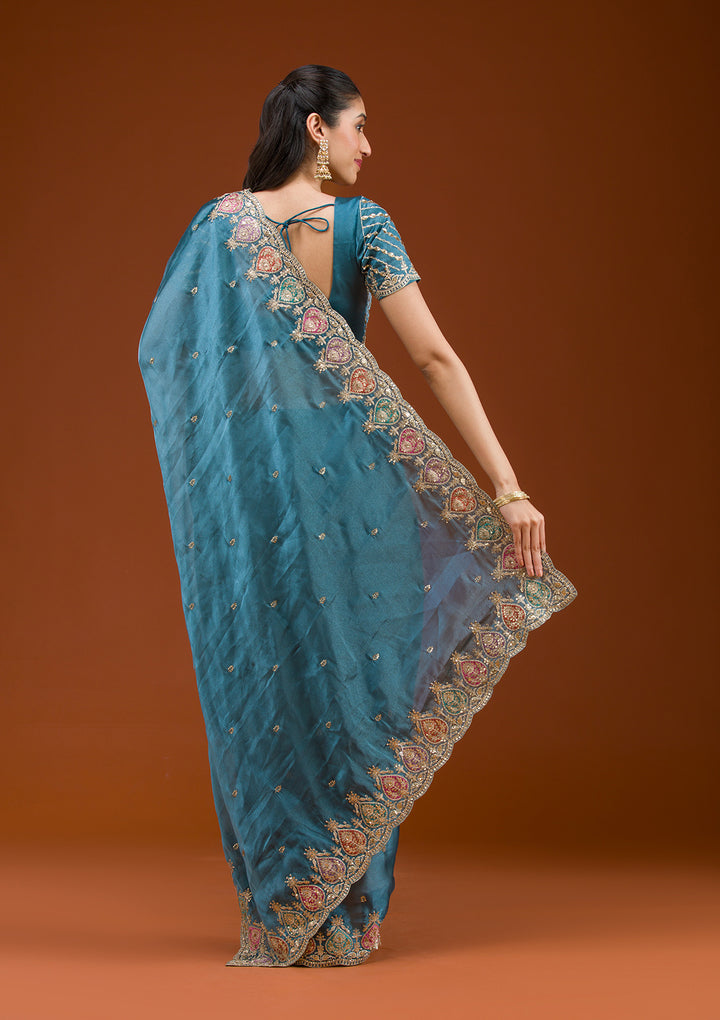 Peacock Blue Zariwork Tissue Saree