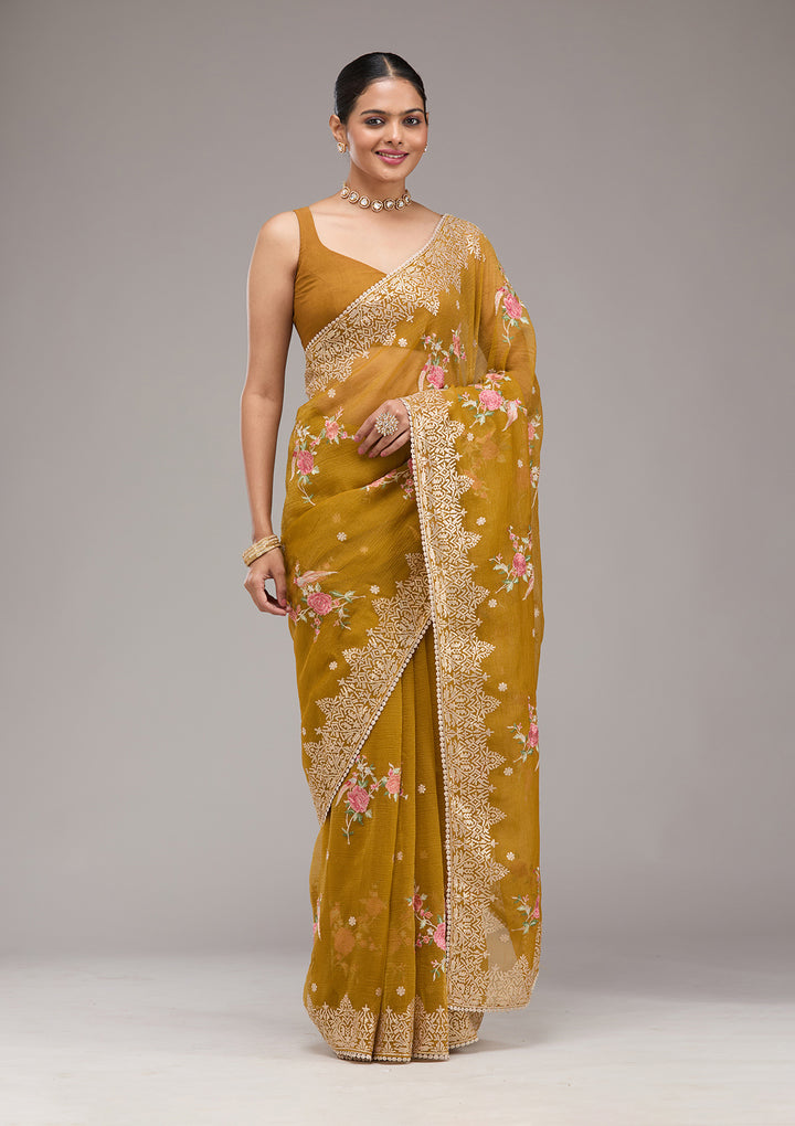 Mustard Sequins Tissue Saree