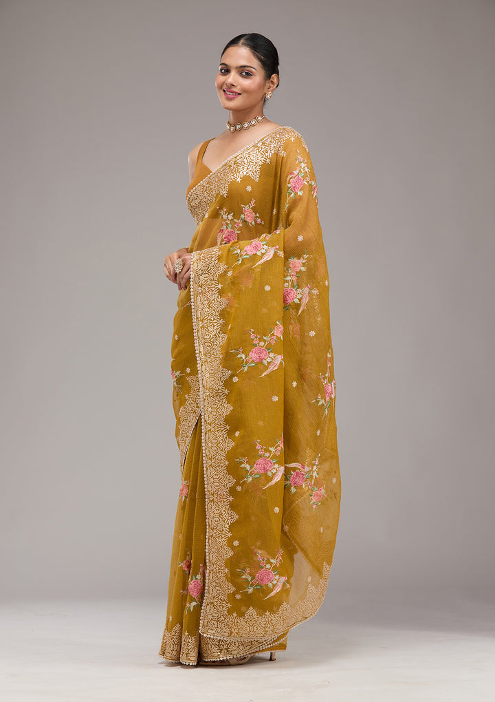 Mustard Sequins Tissue Saree