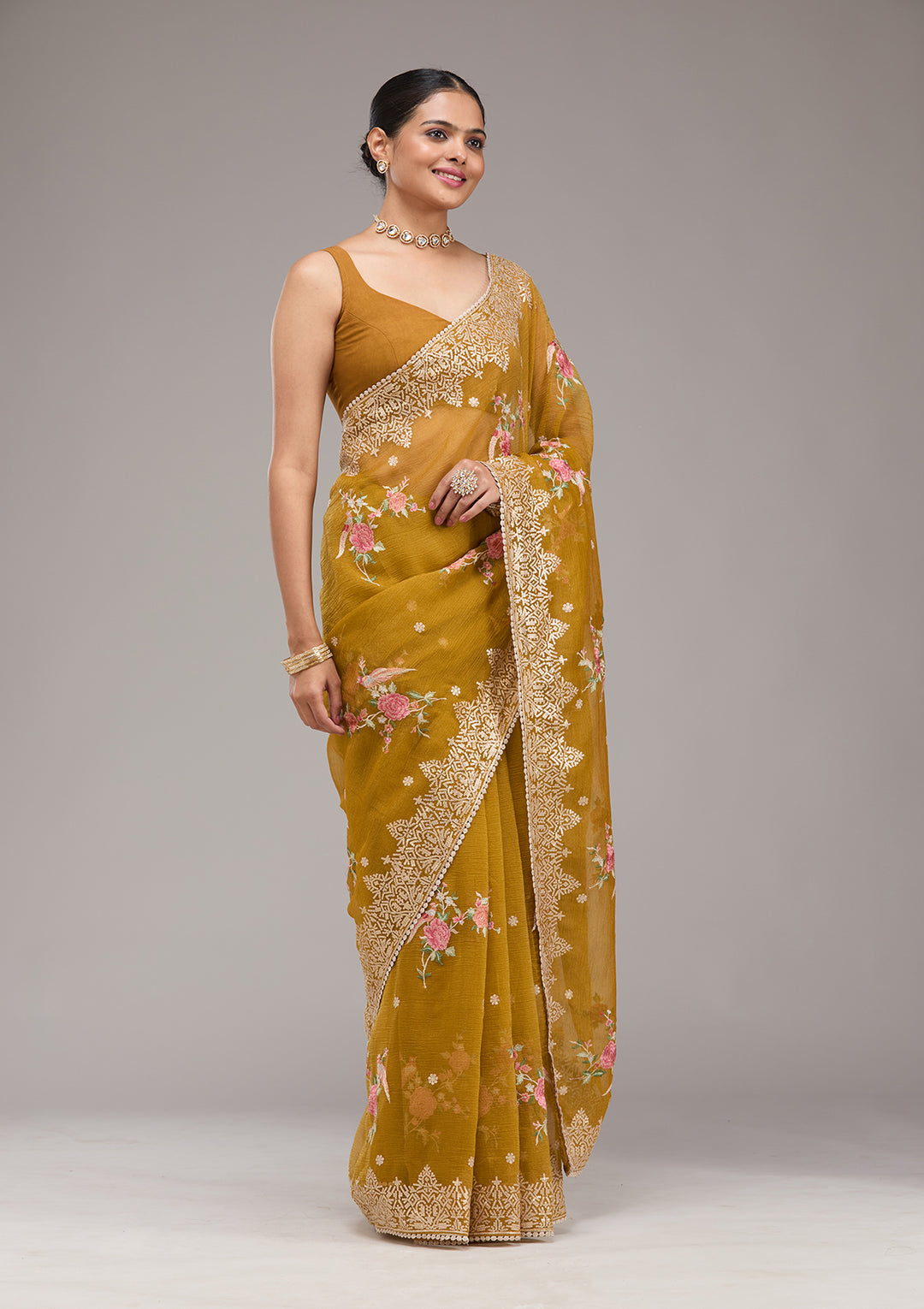 Mustard Sequins Tissue Saree