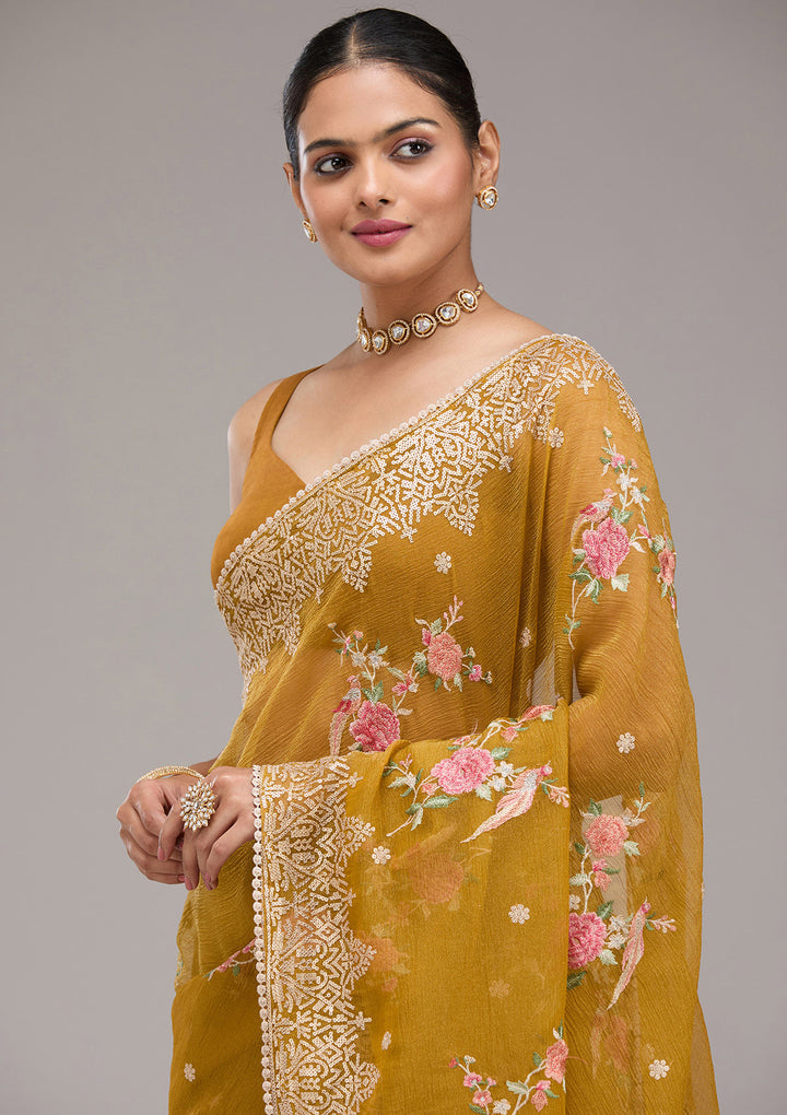 Mustard Sequins Tissue Saree