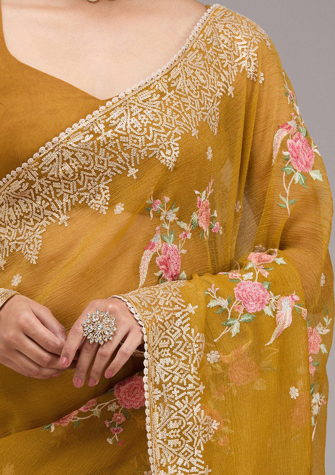 Mustard Sequins Tissue Saree