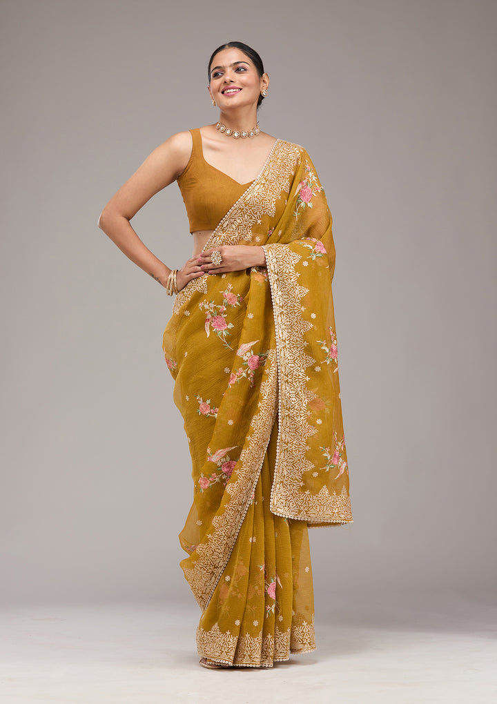 Mustard Sequins Tissue Saree