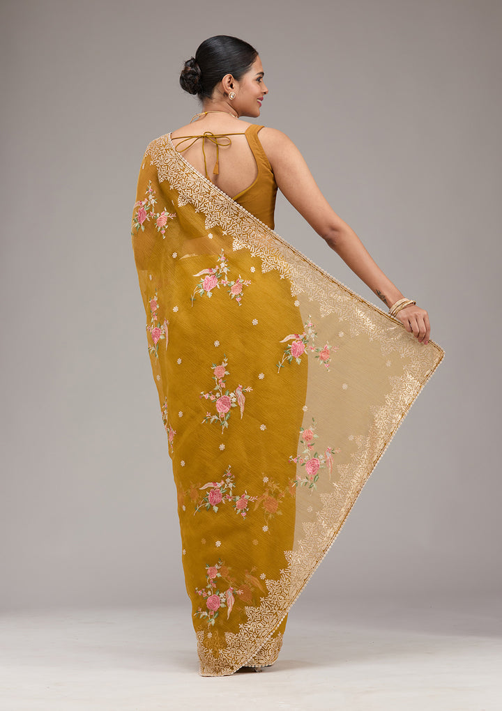 Mustard Sequins Tissue Saree