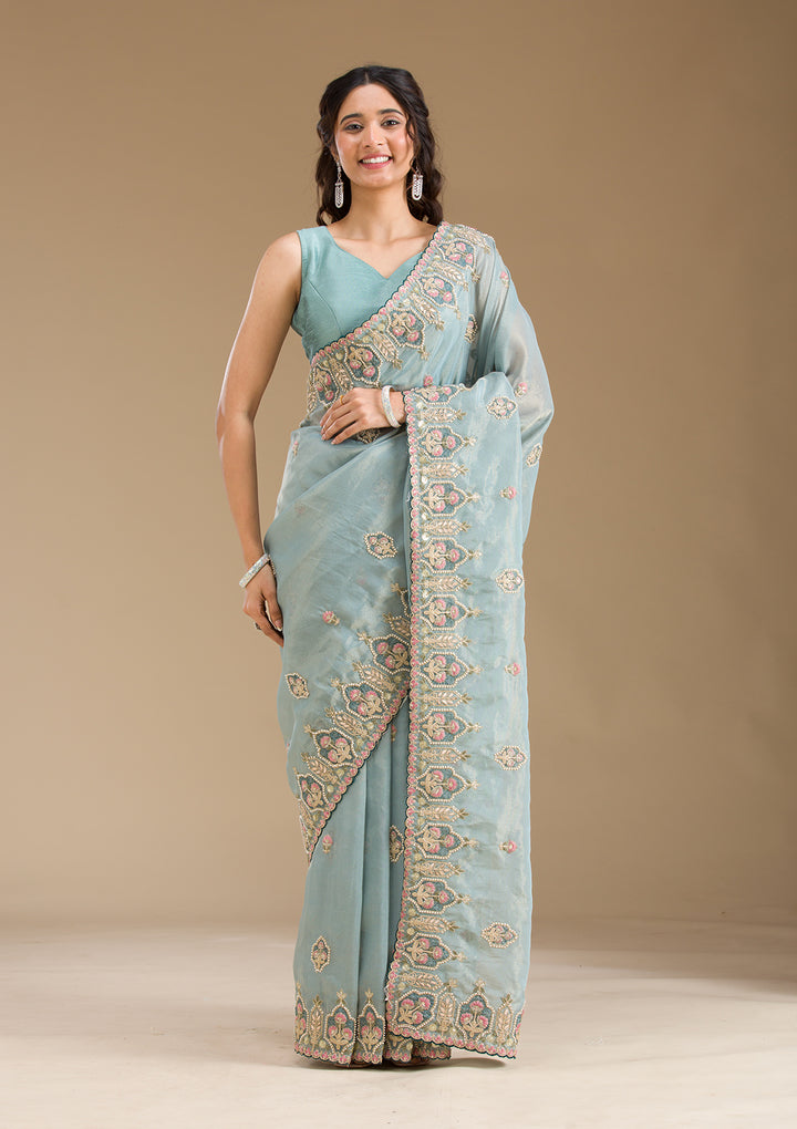 Grey Pearlwork Tissue Saree