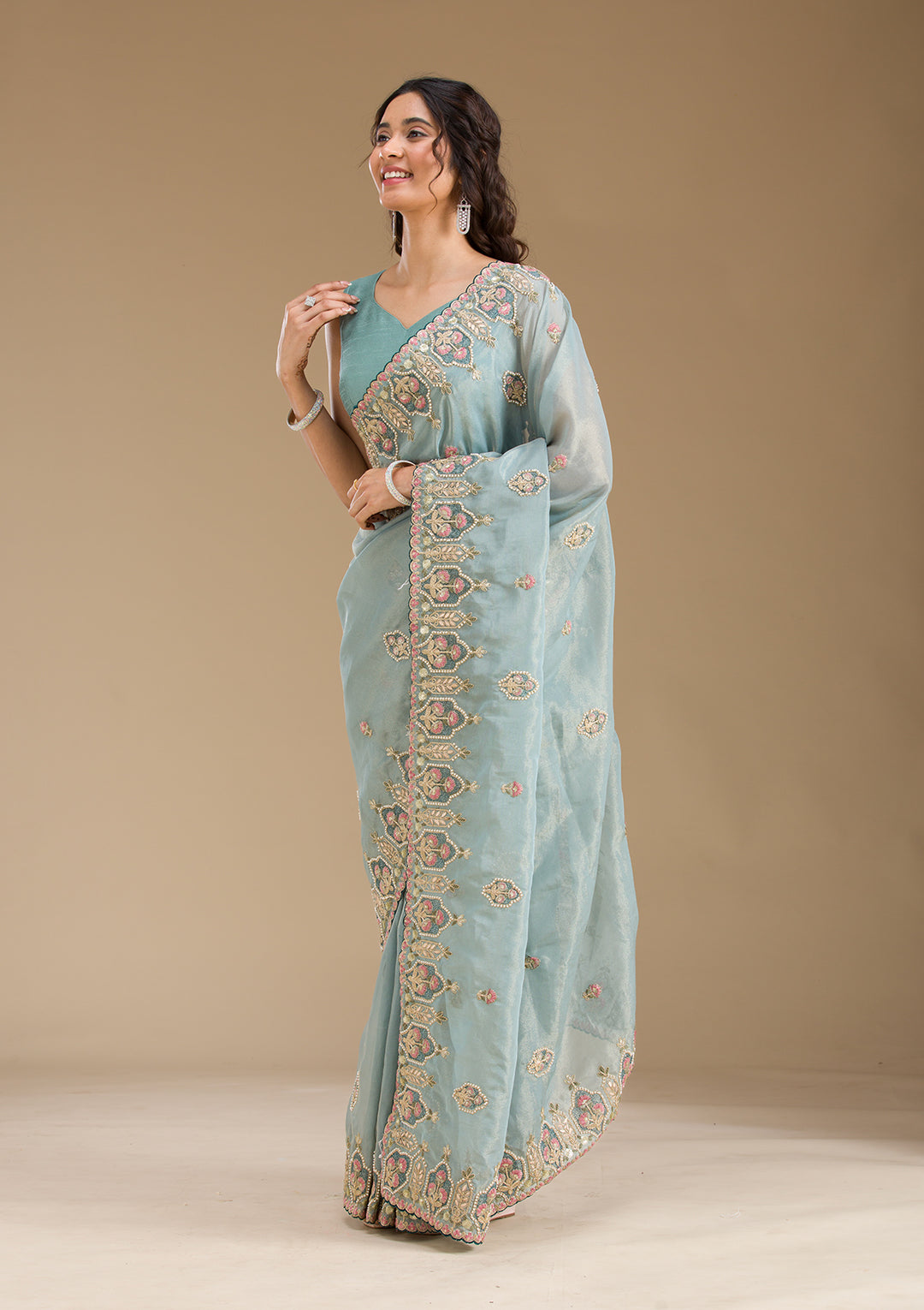 Grey Pearlwork Tissue Saree
