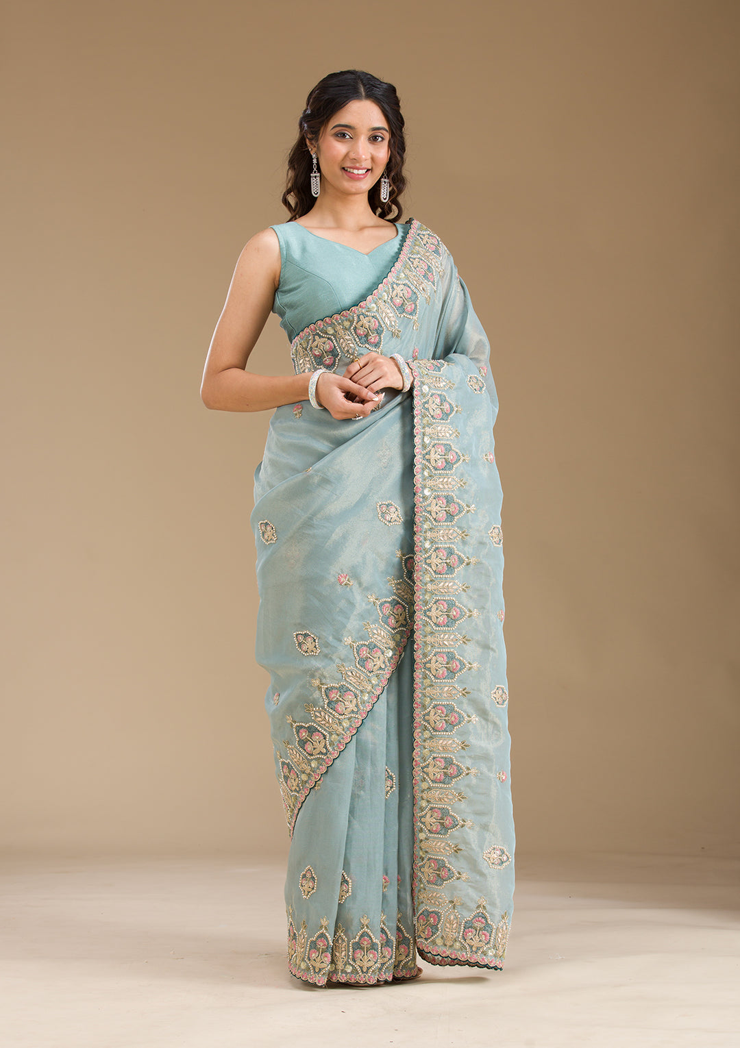 Grey Pearlwork Tissue Saree