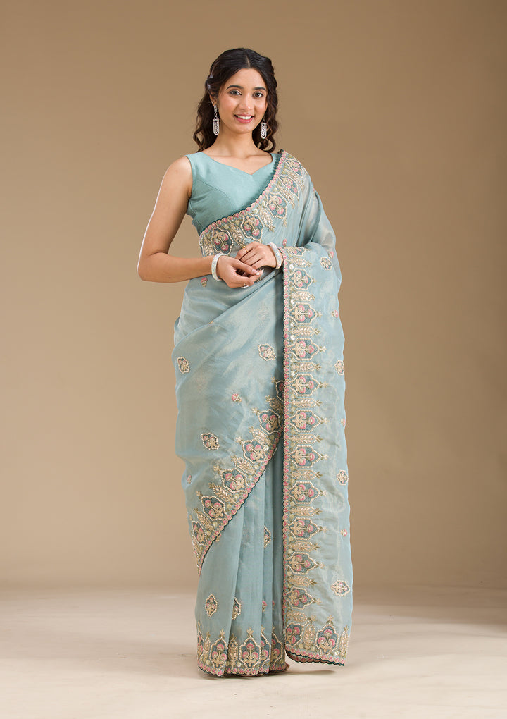 Grey Pearlwork Tissue Saree