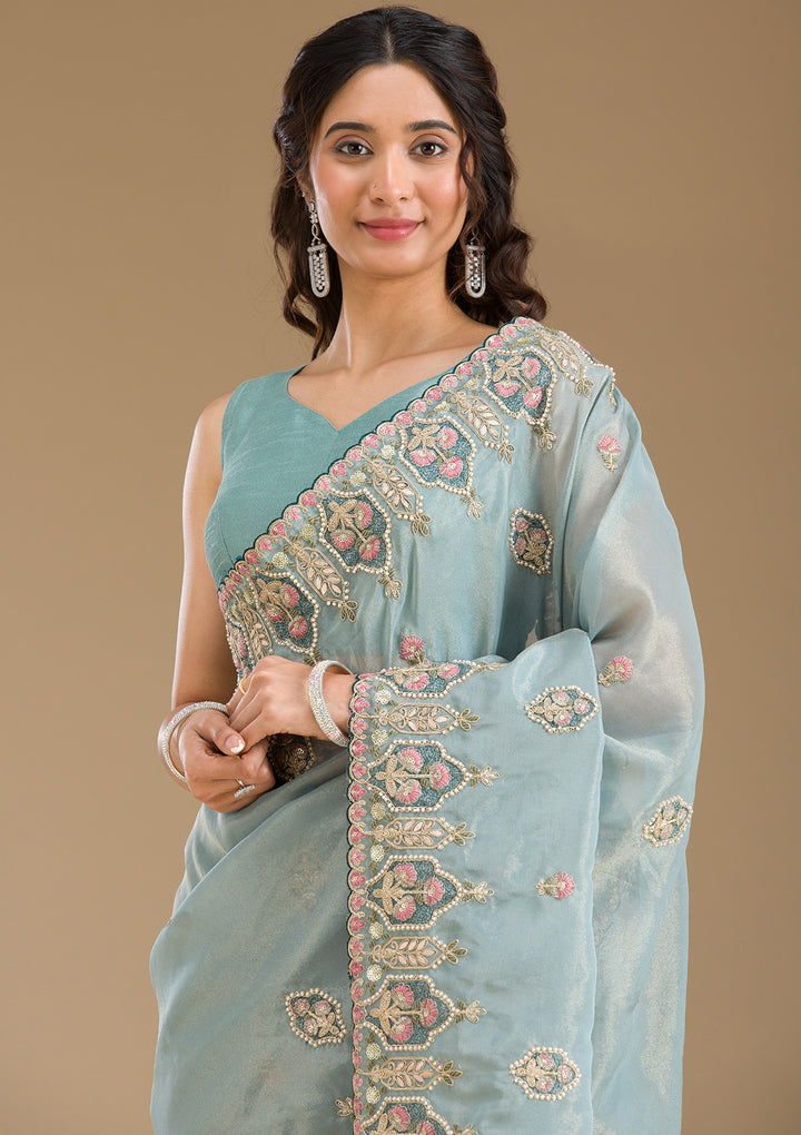 Grey Pearlwork Tissue Saree